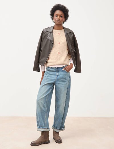 Pull droit col rond manches longues creme femme