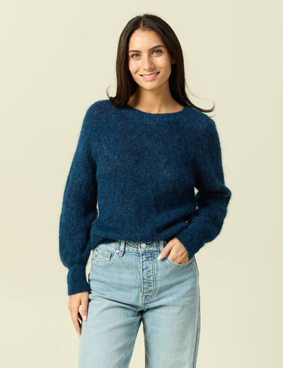 Pull manches longues col rond bleu canard femme