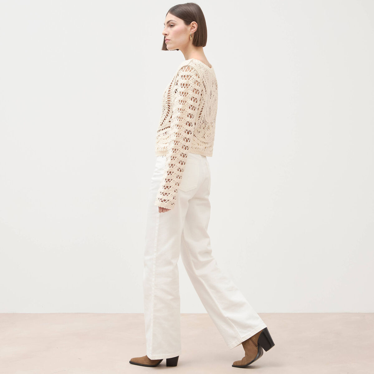 Cardigan droit court manches longues ecru femme