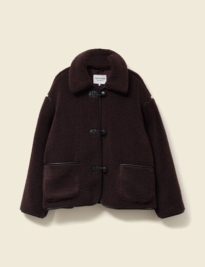 Manteau court droit effet polaire marron foncé femme