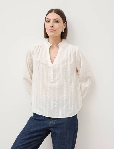 Blouse col mao manches longues en coton ecru femme