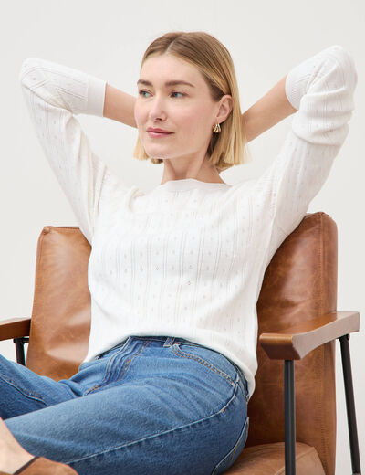 Pull col rond manches longues blanc femme