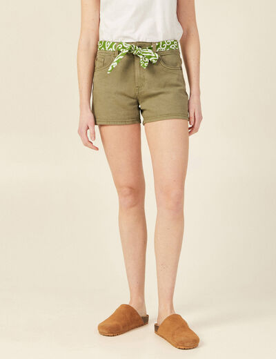 Short straight ceinturé jean vert kaki femme