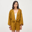 Gilet ajour&eacute; col v manches coude vert olive femme