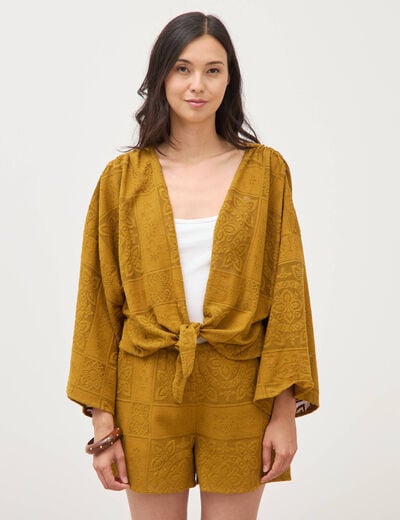 Gilet ajour&eacute; col v manches coude vert olive femme