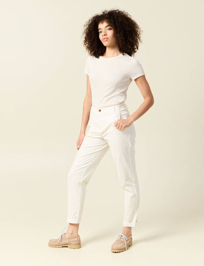 Pantalon large 7/8&egrave;me taille haute ecru femme