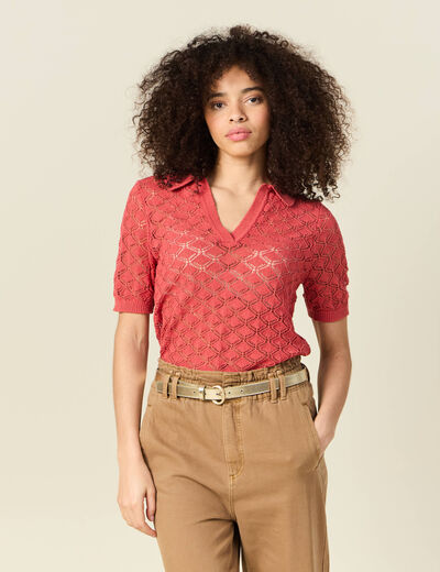 Pull manches courtes ajour&eacute; rouge femme
