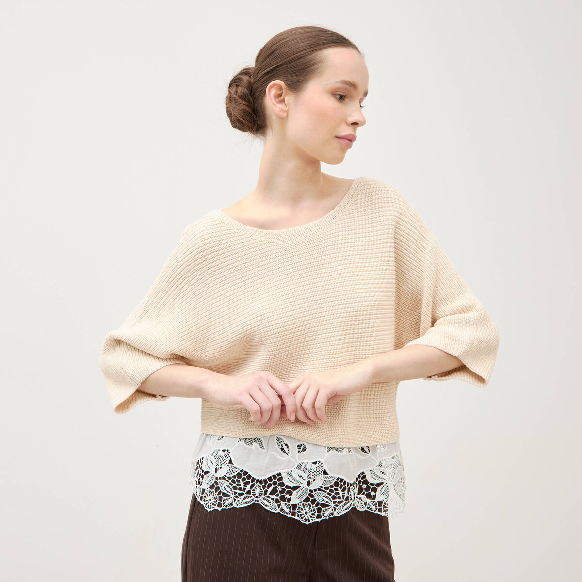 Pull col bateau manches courtes ivoire femme