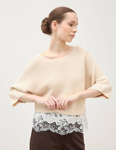 Pull col bateau manches courtes ivoire femme