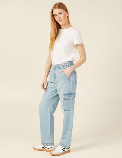 Jeans cargo 5 poches denim bleach femme
