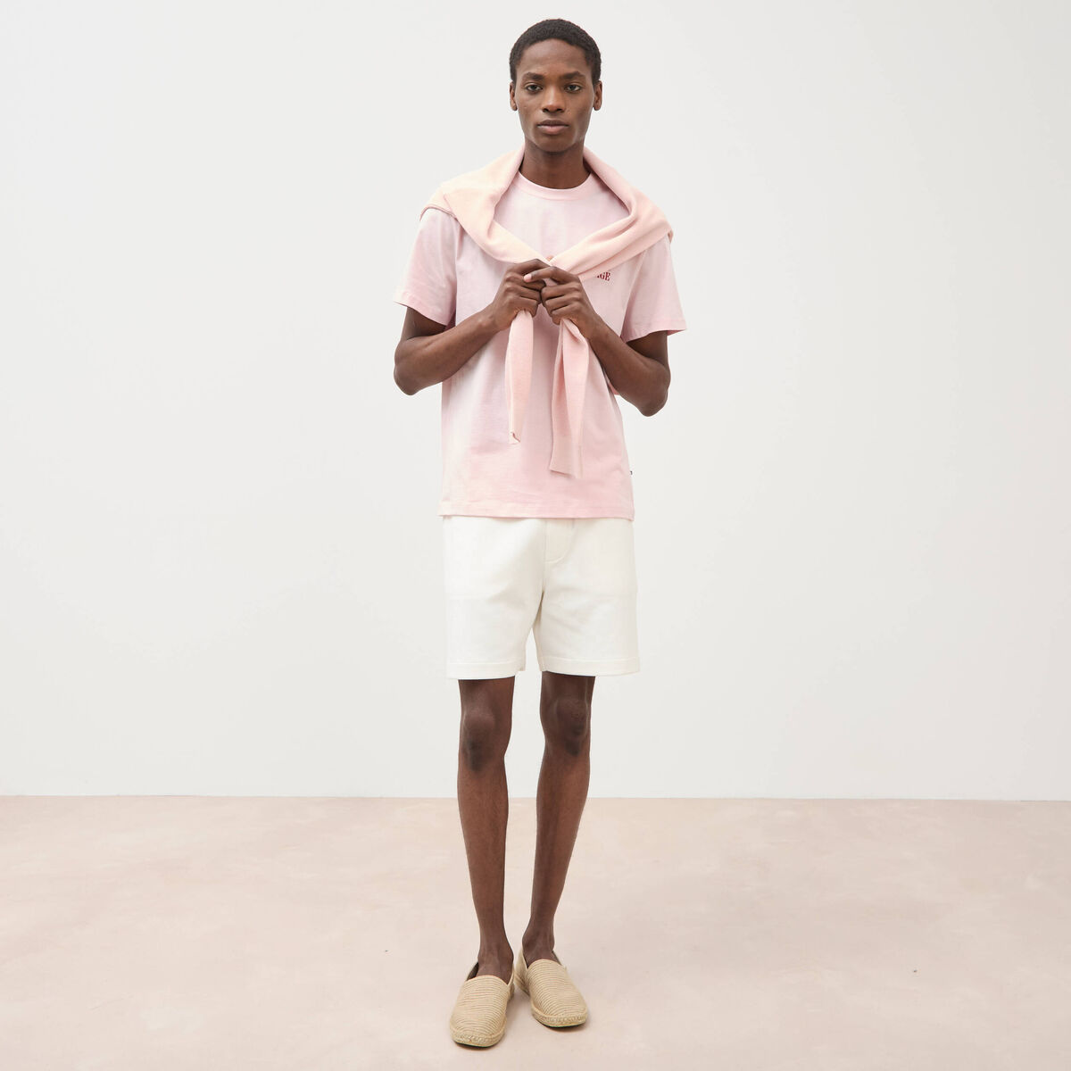 T-shirt droit en coton col rond rose poudr&eacute;e homme
