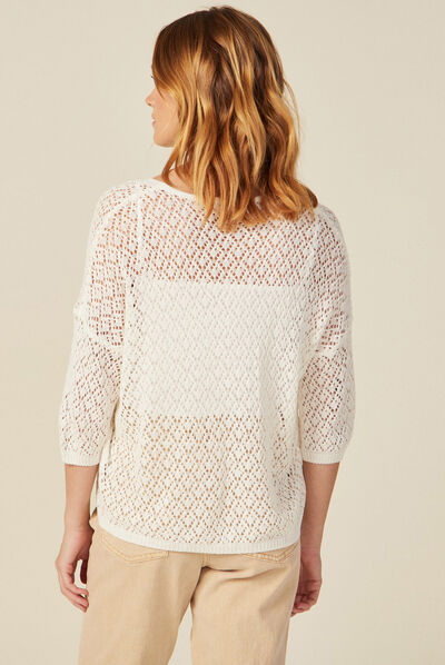 Pull manches 3/4 ajouré ecru femme