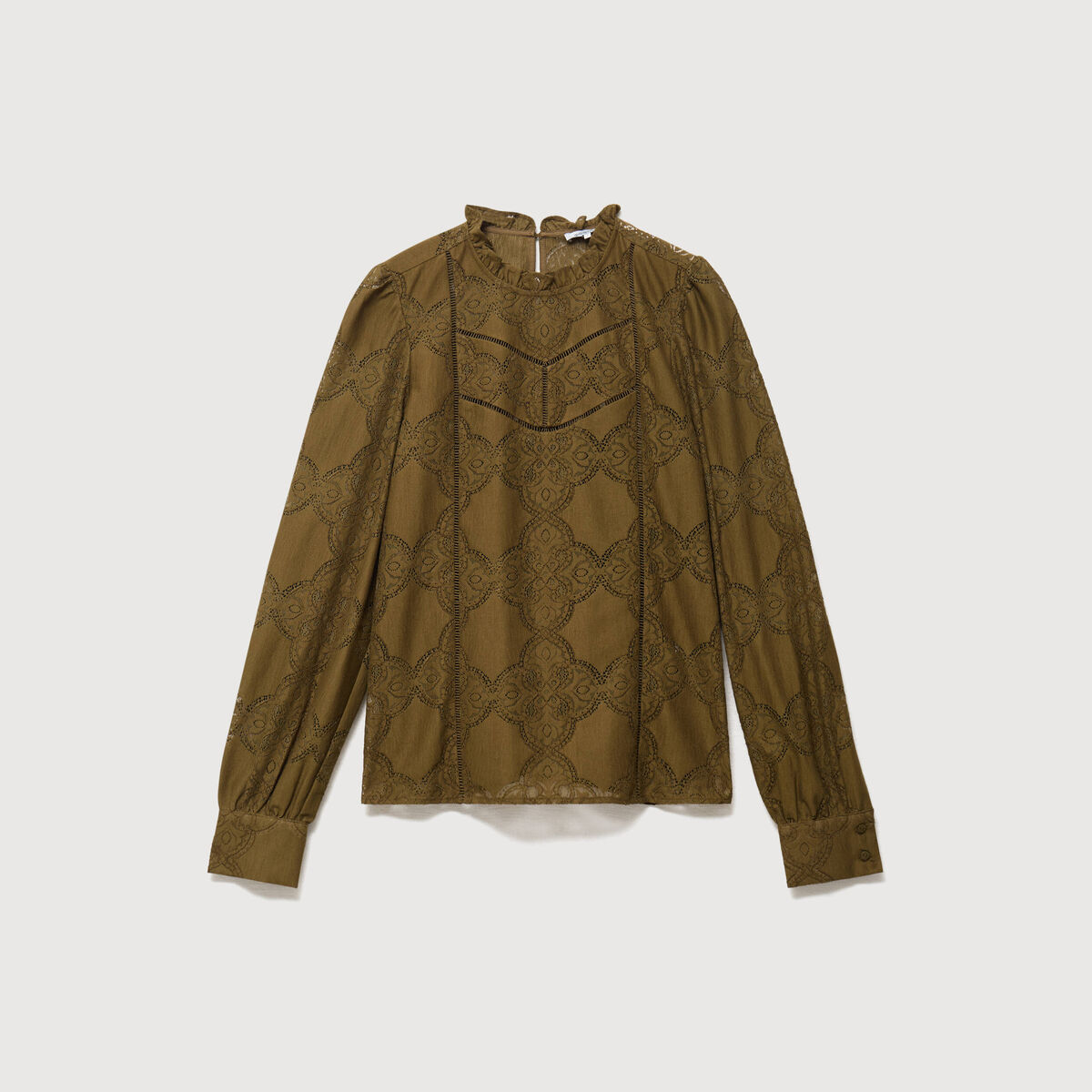 Blouse cintr&eacute;e dentelle manches longues vert olive femme