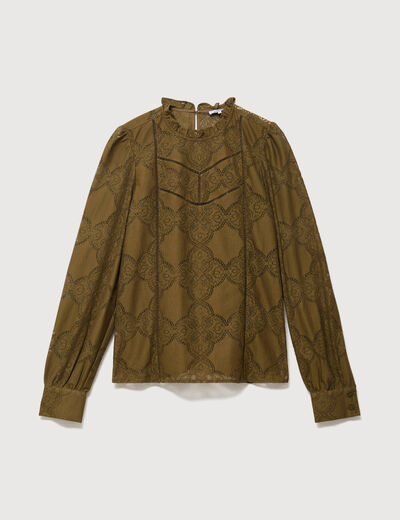 Blouse cintr&eacute;e dentelle manches longues vert olive femme
