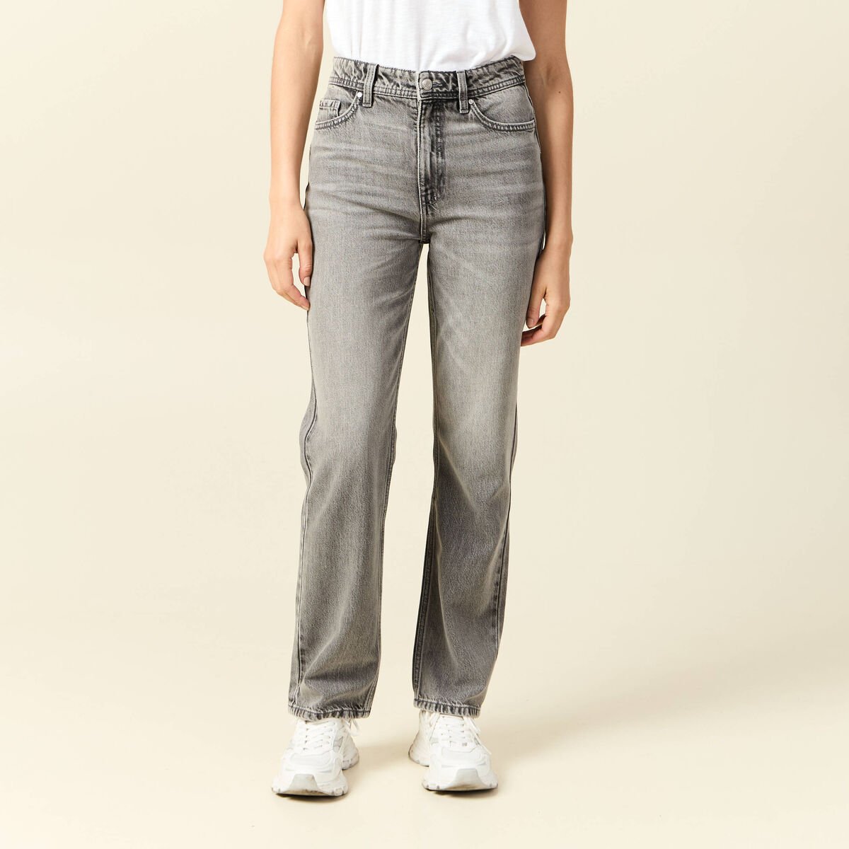 Jeans straight taille haute 7/8ème denim gris clair femme