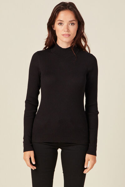 Pull manches longues côtelé noir femme