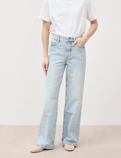 Jeans large taille haute denim bleach femme