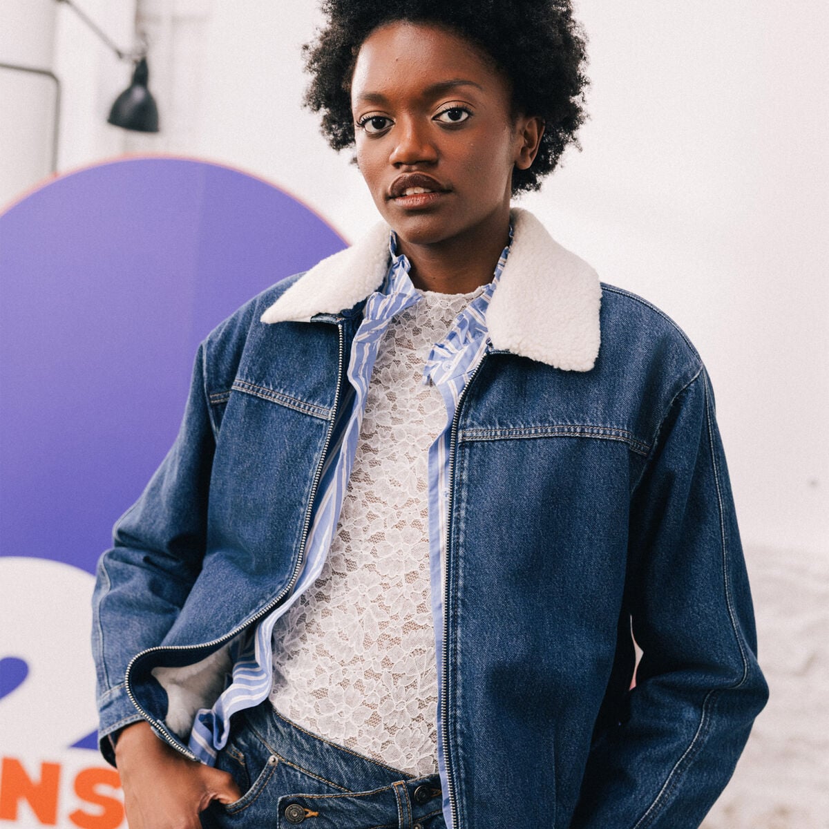 Blouson oversize en jeans doubl&eacute; denim stone femme