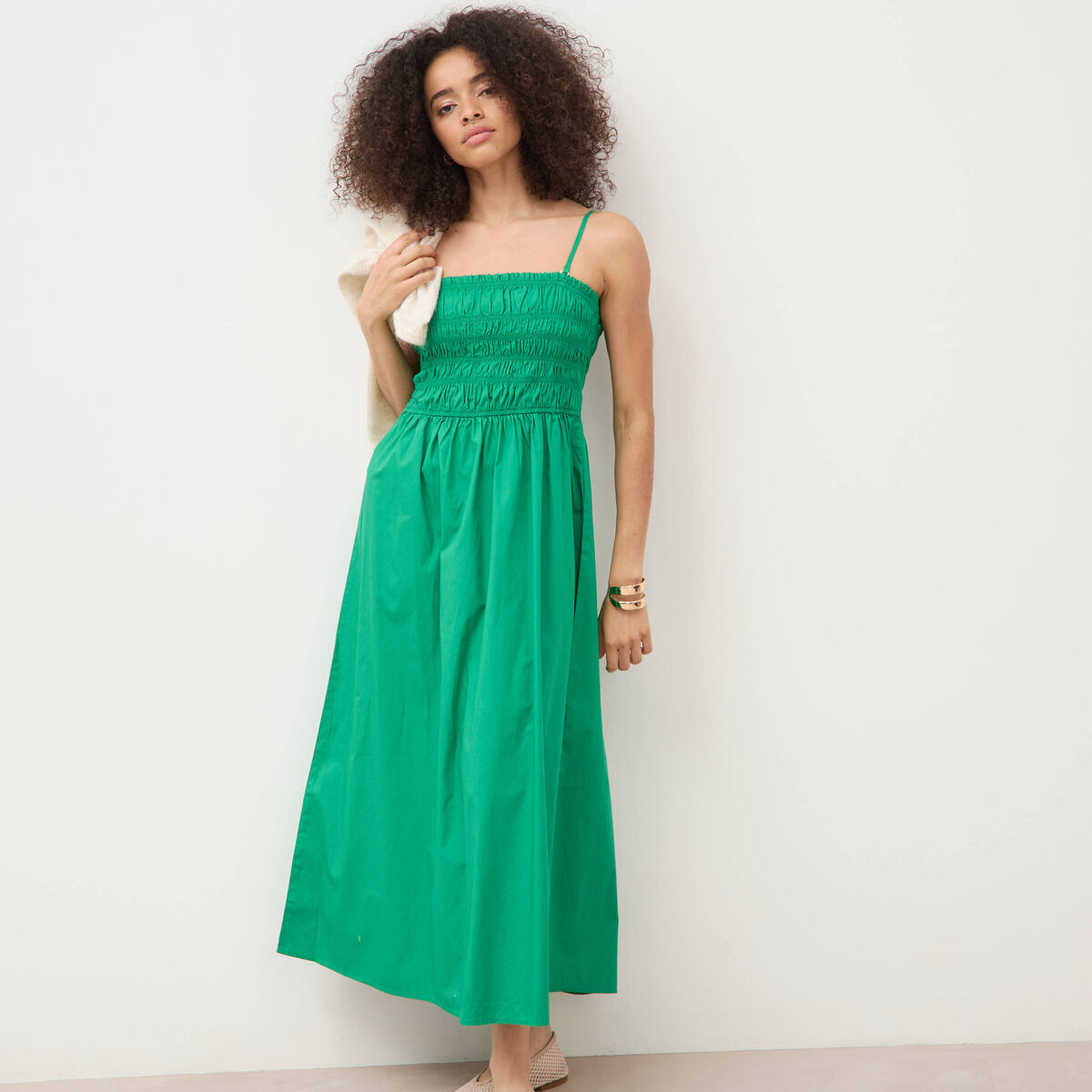 Robe bretelles col carr&eacute; en coton vert femme