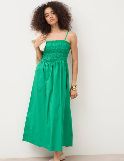 Robe bretelles col carr&eacute; en coton vert femme