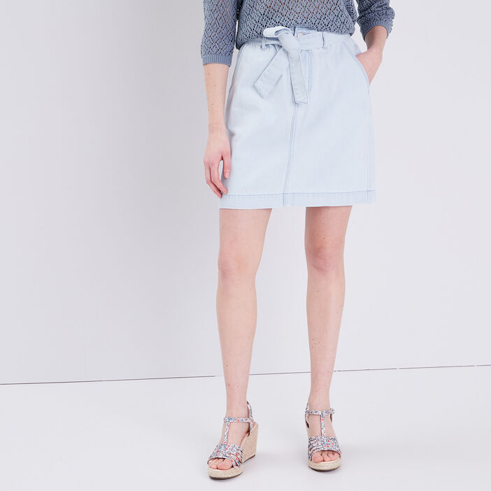 Jupe paperbag en jean denim bleach femme