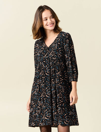 Robe évasée manches 3/4 noir femme