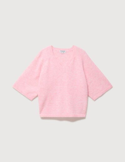 Pull droit col rond manches courtes rose clair femme
