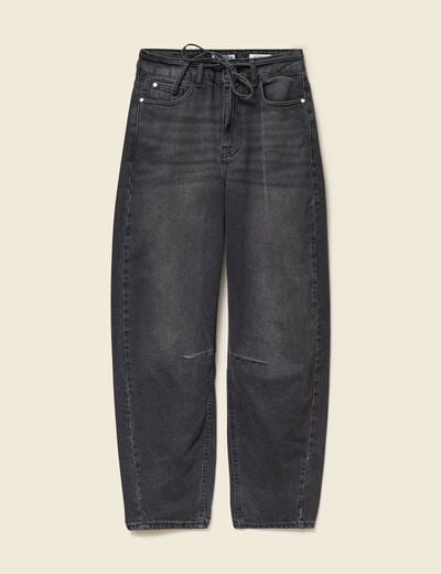 Jeans barrel 7/8&egrave;me avec ceinture denim gris femme