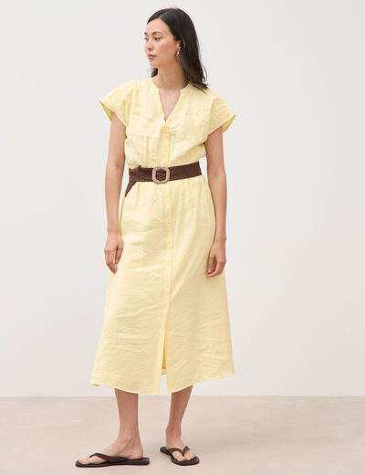 Robe fluide col v manches courtes jaune clair femme