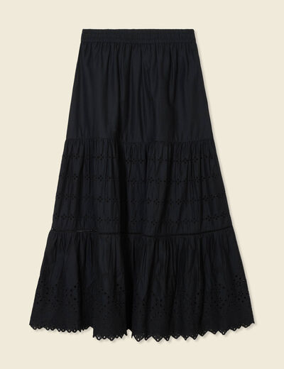 Jupe longue évasée brodée noir femme
