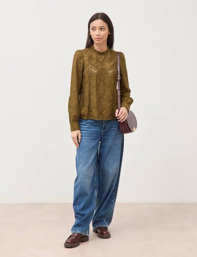 Blouse cintr&eacute;e dentelle manches longues vert olive femme