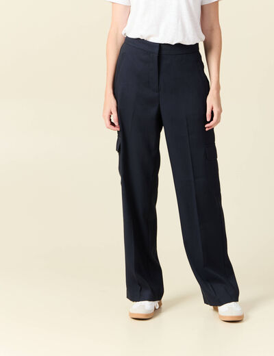 Pantalon cargo taille haute bleu marine femme