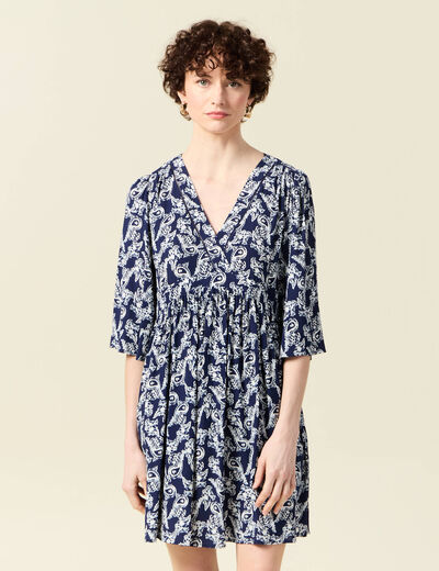 Robe évasée manches 3/4 bleu marine femme