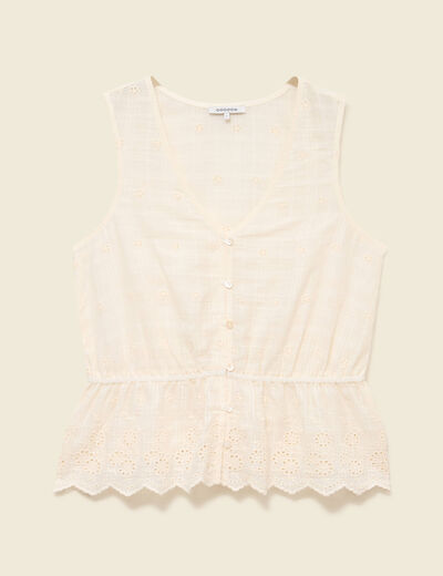 Top col v sans manches en coton creme femme