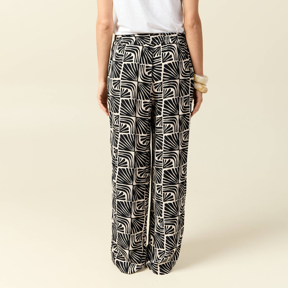 Pantalon large taille haute fluide creme femme