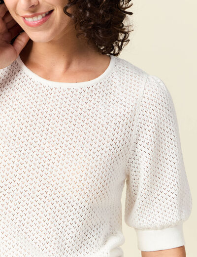 Pull manches courtes ajouré creme femme