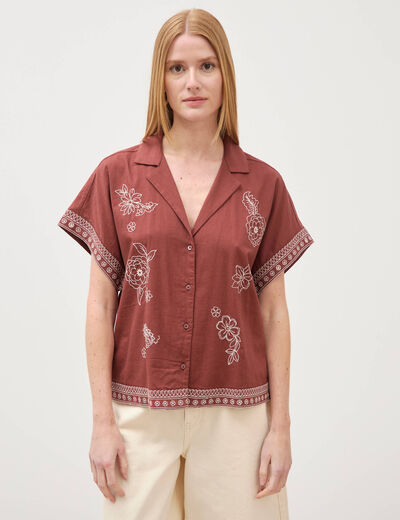 Chemise ample manches courtes marron cognac femme