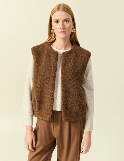 Gilet sans manches bouclette col rond marron femme