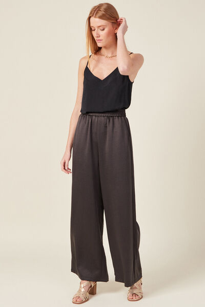 Pantalon large fluide satin gris foncé femme