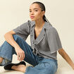T-shirt col V &agrave; volants manches courtes ecru femme
