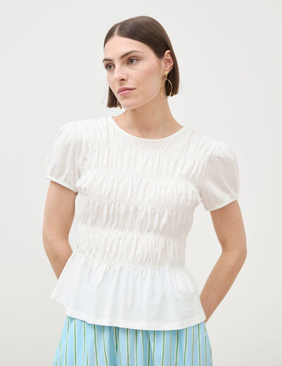 T-shirt fronc&eacute; col rond manches courtes ecru femme