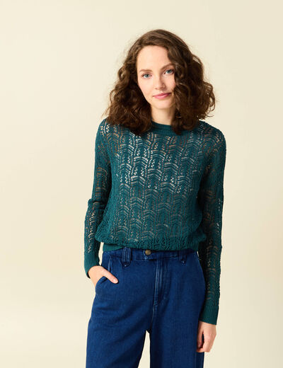 Pull ajour&eacute; manches longues col rond vert canard femme