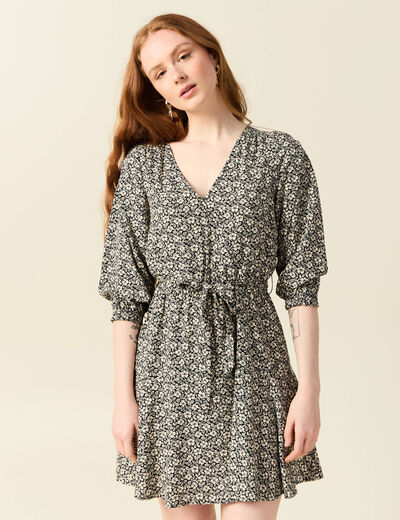 Robe évasée fluide manches 3/4 noir femme