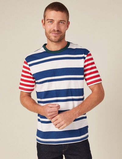 T-shirt ray&eacute; col rond manches courtes ecru homme