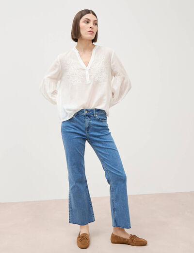 Jeans bootcut cropped taille bascul&eacute;e denim used femme