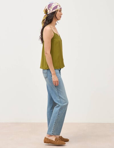Caraco col v bretelles brod&eacute; vert kaki femme