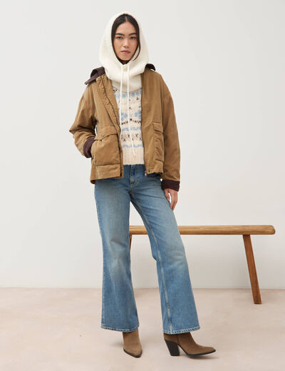 Parka oversize courte col classique camel femme