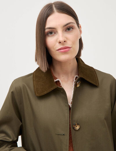 Trench droit long en coton doubl&eacute; vert kaki femme