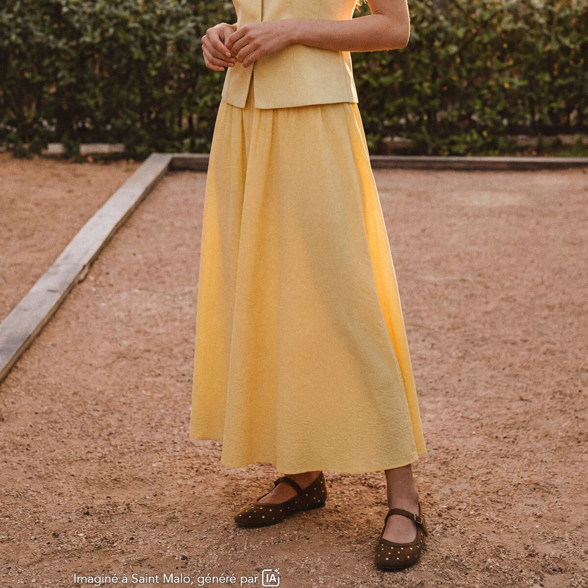 Jupe longue &eacute;vas&eacute;e en coton doubl&eacute;e jaune clair femme