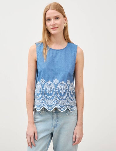 Top en jeans sans manches col rond bleu clair femme